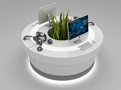 Round White Workstation Setup With Computer Monitors Headphones And Green Plant 3d model
