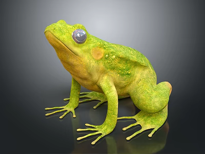 Realistic Green Frog With Large Eyes Smooth Skin On Black Reflective Surface 3d model
