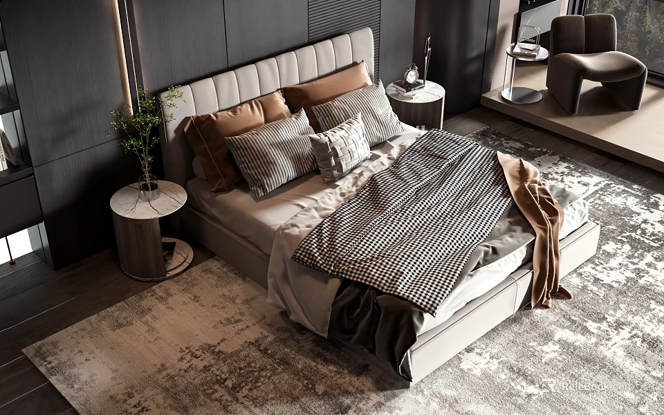 Modern Double Bed Interior With Gray Brown Pillows Striped Blanket And Nightstand Rug 3d model 