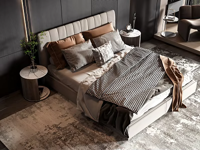 Modern Double Bed Interior With Gray Brown Pillows Striped Blanket And Nightstand Rug 3d model