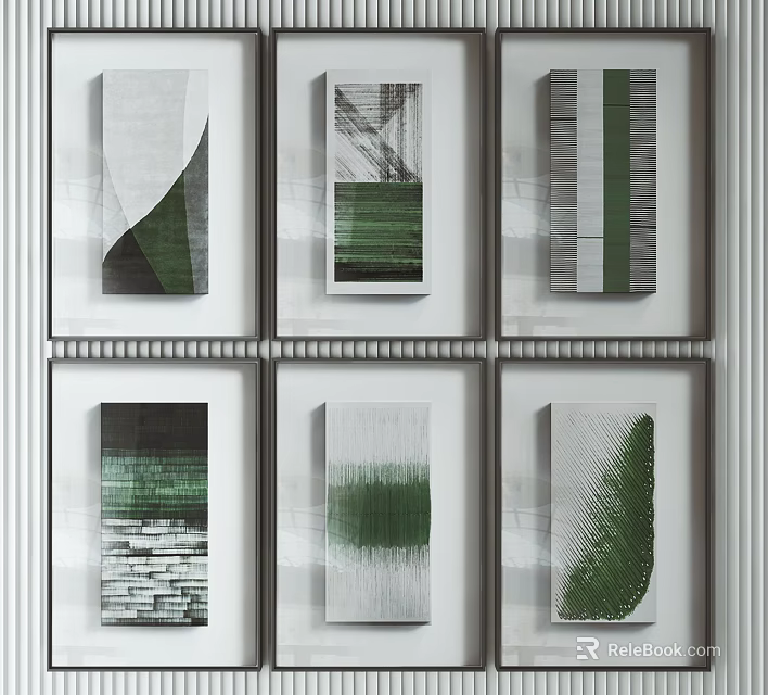 Modern Abstract Wall Art With Green Gray Patterns Hanging On White Wall 3d model