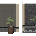 Modern Chinese Background Wall With Woven Texture Potted Pine And Stone Mountains
