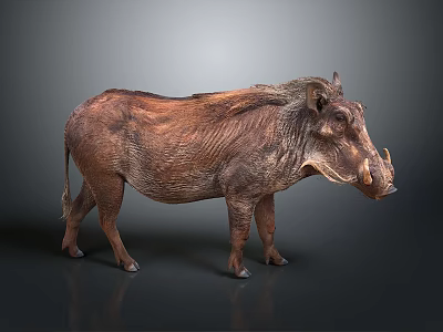 Warthog With Brown Fur Mane And Tusks In Detailed Standing Posture On Gray Background 3d model