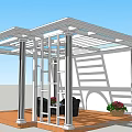 Modern Metal Frame Gazebo with Wooden Floor Black Chairs and Flower Pots