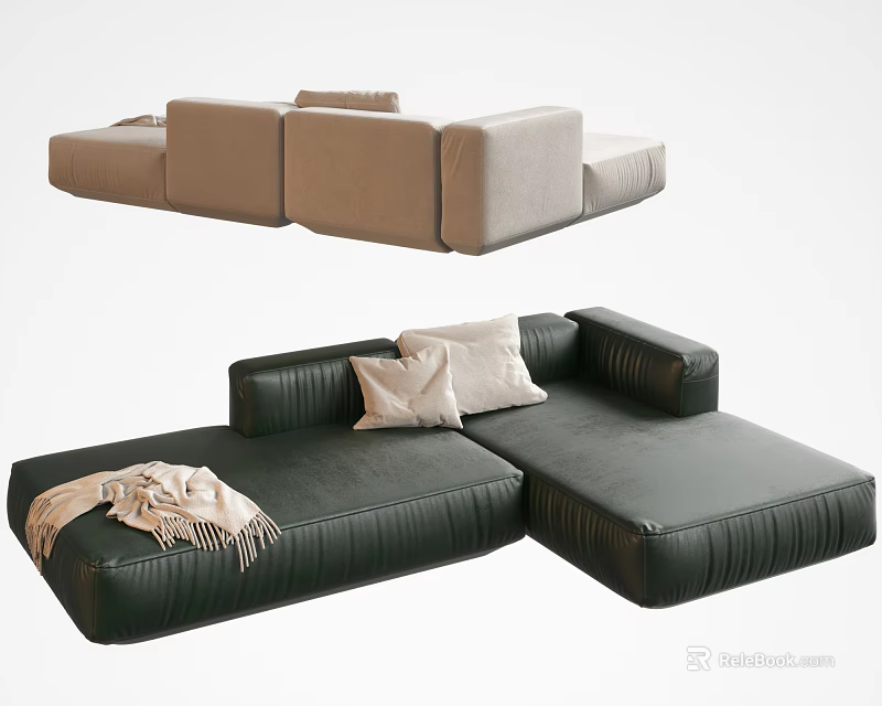 Modern Dark Green Leather Sectional Sofa With Soft Pillows And Throw Blanket 3d model