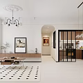 Modern Living And Dining Room Interior With Sofa Dining Table Chairs Wall Paintings And Chandelier