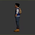 3D Human Boy Character Wearing Blue Vest White Long Sleeve Blue Jeans Yellow Boots Backpack
