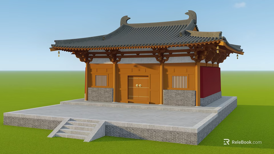 Ancient Chinese Architecture with Overhanging Eaves Tile Roof Red Walls and Stone Steps 3d model 