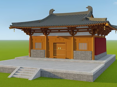Ancient Chinese Architecture with Overhanging Eaves Tile Roof Red Walls and Stone Steps 3d model
