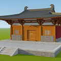 Ancient Chinese Architecture with Overhanging Eaves Tile Roof Red Walls and Stone Steps