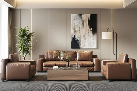 Office Sofa Coffee Table Combination Leather Sofa Single Sofa Decorative Painting 3d model