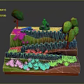 Layered Stepped Landscape Scene With Stone Walls Trees Grass And Waterfall