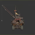 Mechanical Construction Vehicle With Red Blue Body And Crane Arm On Sandy Ground