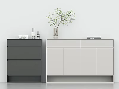 Modern Black And White Entryway Cabinet Sideboard With Decorative Vase Books Green Plant 3d model