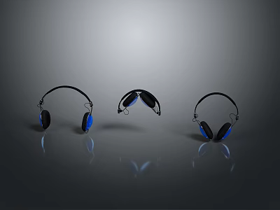 Three Stylish Electronic Headphones With Black And Blue Design On Reflective Surface 3d model
