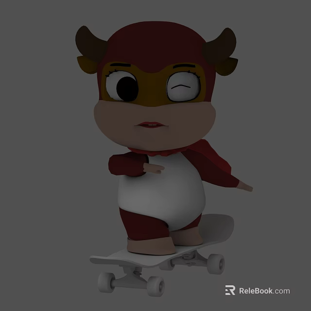 Cartoon Cow Character Standing On Skateboard With Red Cape And Big Eyes 3d model 