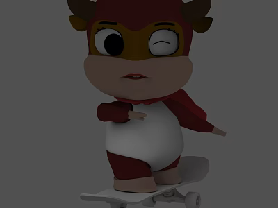 Cartoon Cow Character Standing On Skateboard With Red Cape And Big Eyes 3d model