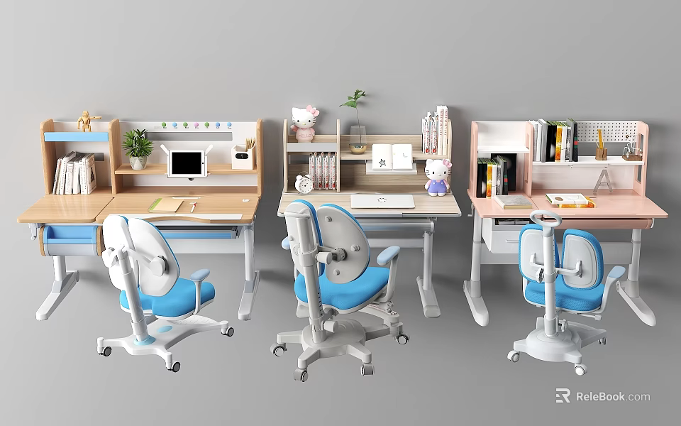 Modern Study Desks with Blue Chairs Potted Plants Stationery and Bookshelves for Home Office 3d model 