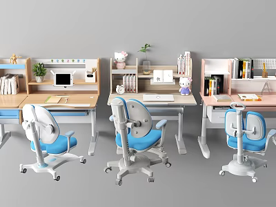 Modern Study Desks with Blue Chairs Potted Plants Stationery and Bookshelves for Home Office 3d model