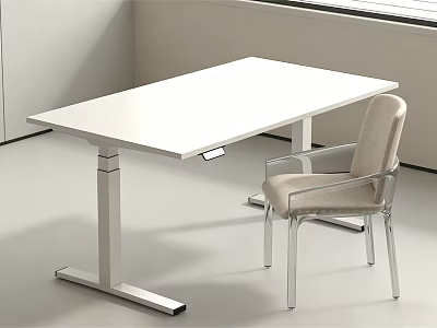 White Height Adjustable Desk With Comfortable Chair In Modern Minimalist Room 3d model