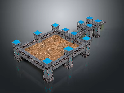 Medieval Castle Fortress With Gray Walls Blue Tower Tops Square Courtyard And Brown Ground 3d model