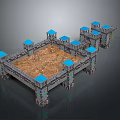 Medieval Castle Fortress With Gray Walls Blue Tower Tops Square Courtyard And Brown Ground