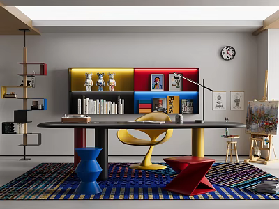 Modern Study Room Interior With Colorful Bookshelves Desk Yellow Chair And Striped Rug 3d model