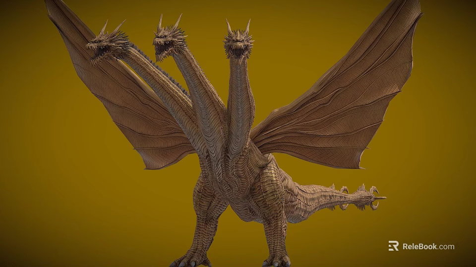 Game Movie Character Three Headed Dragon With Large Wings Scales And Yellow Background 3d model 