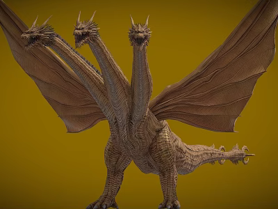 Game Movie Character Three Headed Dragon With Large Wings Scales And Yellow Background 3d model