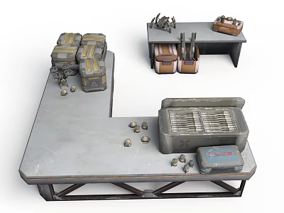 Military Weapons Ammunition And Crates Display On Metal Workbench With Tools 3d model