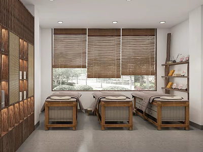Tranquil SPA Room With Wooden Massage Beds Bamboo Blinds And Shelves 3d model