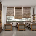 Tranquil SPA Room With Wooden Massage Beds Bamboo Blinds And Shelves
