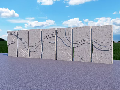 Textured Stone Wall Panels With Wavy Patterns Against Blue Sky And Green Grass 3d model