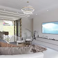 Modern Living Dining Room Interior With White Sofa Large TV Chandelier And Dining Table