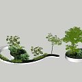 Curved Tree Planter Design with Various Trees and Shrubs in Outdoor Landscape Setting