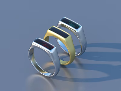 Stylish Jewelry Rings With Silver Gold Metal Bands And Rectangular Colored Gemstones 3d model