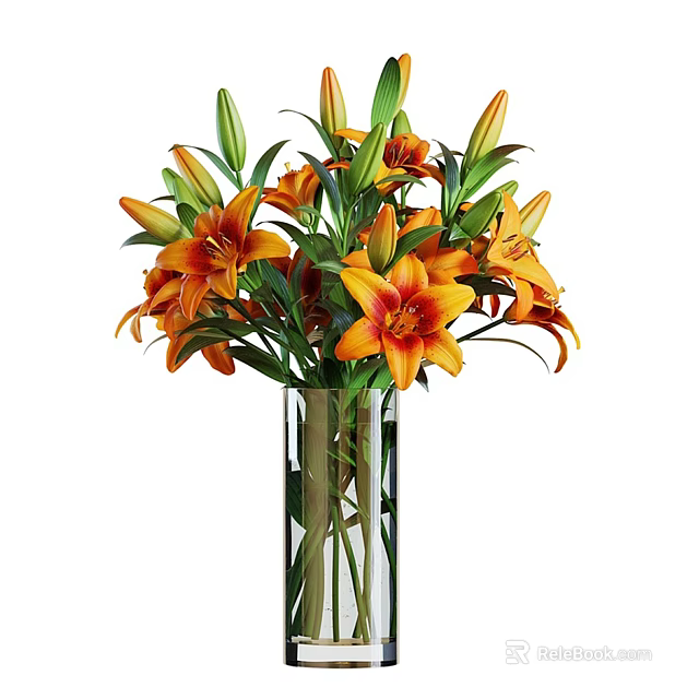 Beautiful Transparent Glass Vase With Fresh Orange Lilies And Green Leaves 3d model 