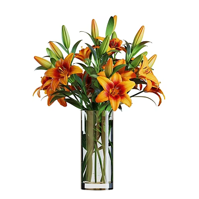 Beautiful Transparent Glass Vase With Fresh Orange Lilies And Green Leaves 3d model