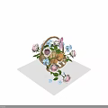 Cute Kitten Sitting In Wicker Basket With Roses Blue Flowers And Pink Bow On Table