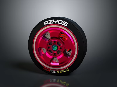 Car Wheel With Red Rim RZYOS Tire And Green Center Metallic Design 3d model