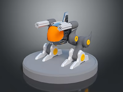 Mechanical Dog Shaped Weapon With Dual Cannons Gray Black Orange Yellow 3D Model On Base 3d model