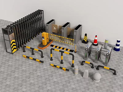 Public Facilities Including Security Turnstiles Barriers Traffic Cones And Speed Bumps 3d model