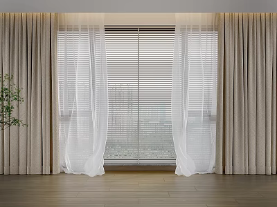 Elegant Beige Curtains with Sheer Panels and Blinds in Indoor Window Scene 3d model