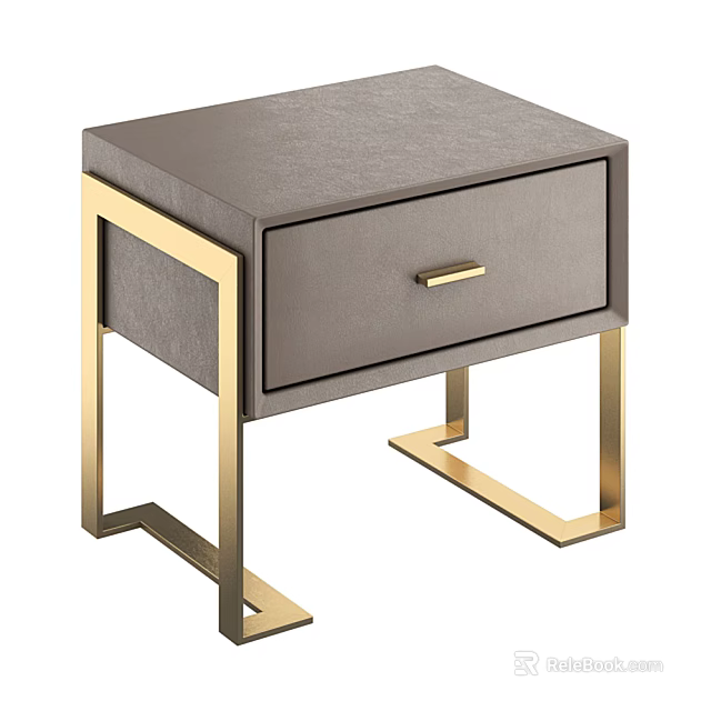 Modern Grey Bedside Table With Gold Metal Frame And Drawer 3d model 