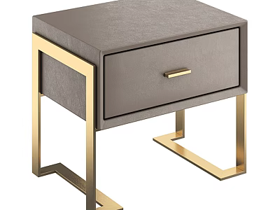 Modern Grey Bedside Table With Gold Metal Frame And Drawer 3d model