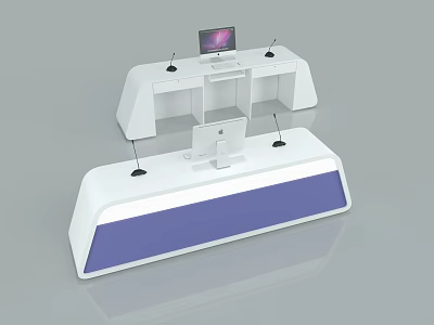 Modern White Functional Desk With Computer Monitor Microphone And Blue Panel 3d model