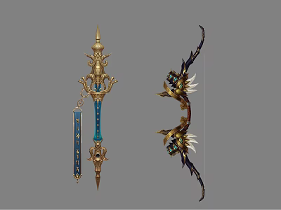 Ornate Mythical Staff And Decorative Bow In Fantasy Style With Intricate Details 3d model