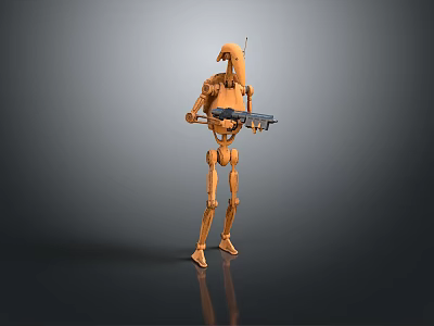 Orange Robot Game Movie Character Holding Gun in Standing Pose on Gray Background 3d model