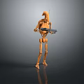 Orange Robot Game Movie Character Holding Gun in Standing Pose on Gray Background