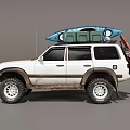 White Off Road SUV With Roof Mounted Surfboard And Cargo Box For Outdoor Adventure